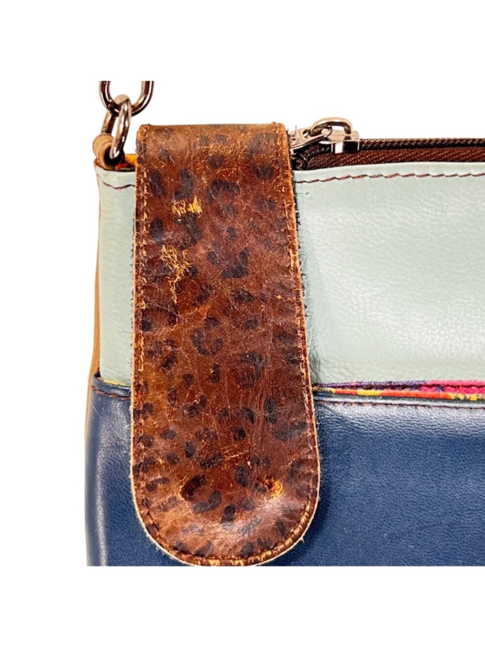 Soruka Leather Crossbody Bag Colorblock Blue Brown Adjustable Strap Zip Pockets - Picture 11 of 16